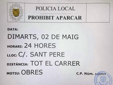 Prohibició d'aparcament als carrers de Sant Pere i Establidors