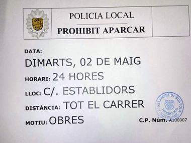 Prohibició d'aparcament als carrers de Sant Pere i Establidors